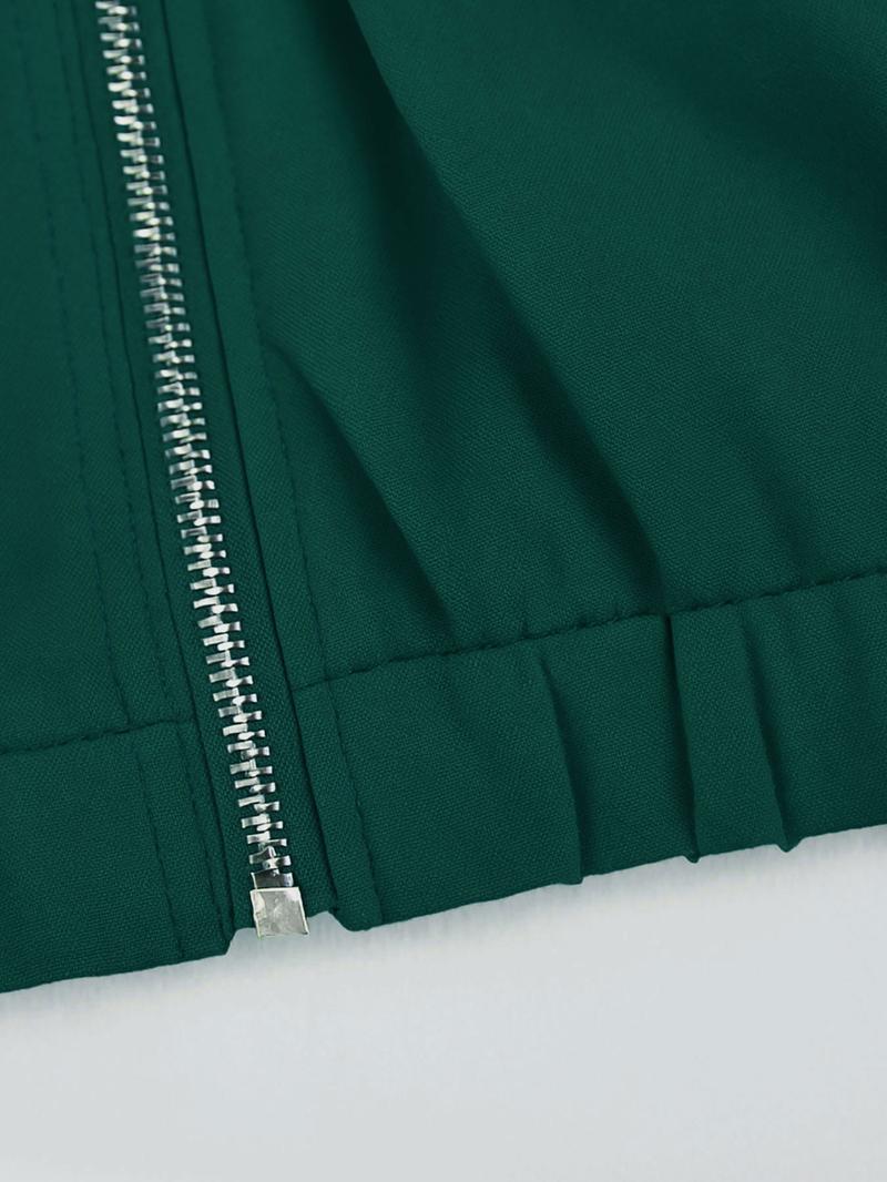 Women's Casual Patchwork Set, Zipper Stand Collar Top + High Waist Loose Pants, Slimming Design, Two-Piece for Daily Wear,Airport Outfit