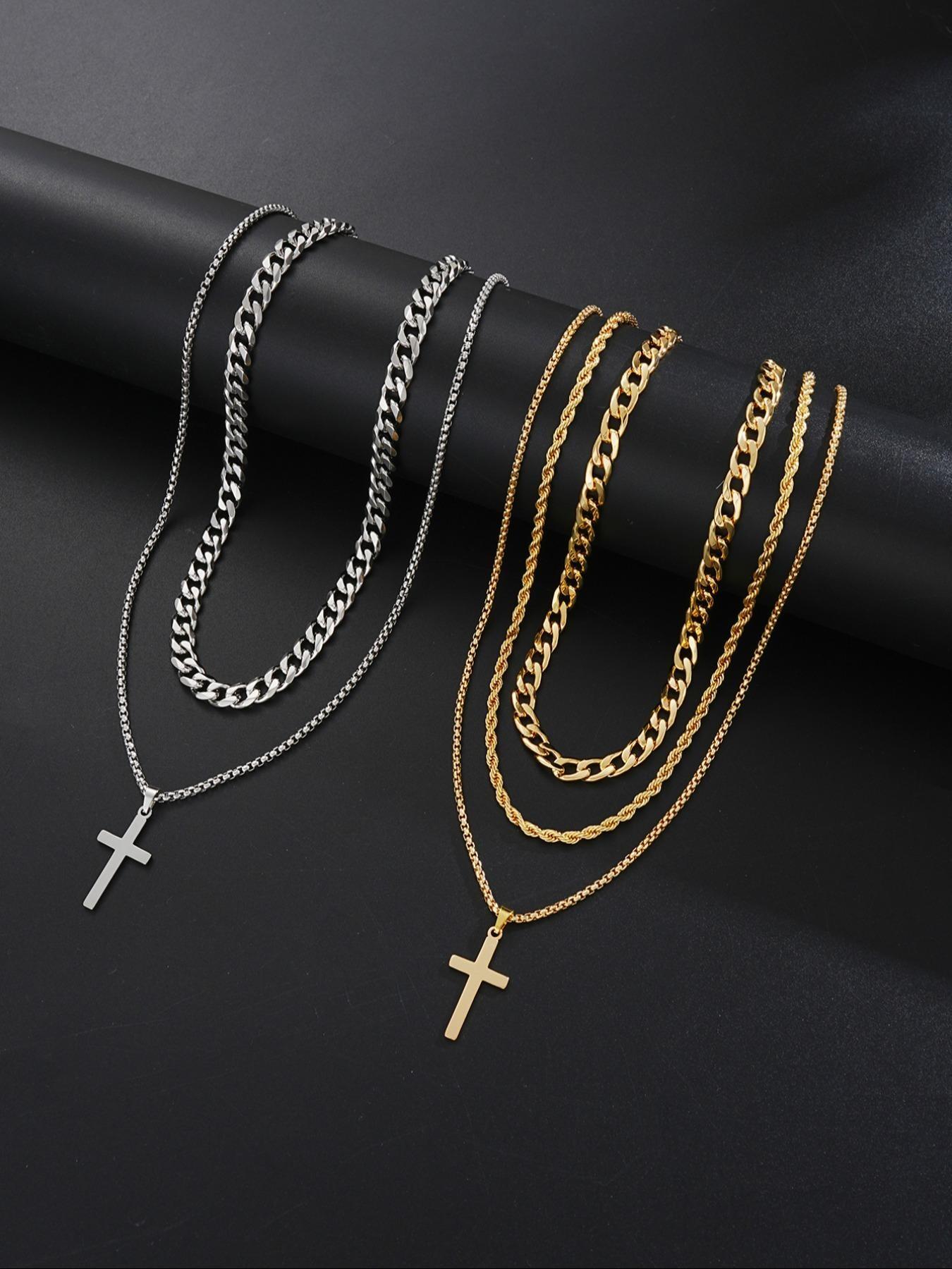 Men's Stainless Steel Jewelry Set, Casual Cross Necklace & Bracelet Pair, All-Seasons Accessory Gift for Birthdays & Dates