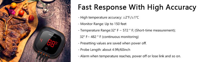 Inkbird Meat Thermometer，Bluetooth Wireless Grill BBQ Thermometer,150 ft Barbecue Cooking Kitchen Food Meat Thermometer for Smoker, Oven, Drum with 4 Probes,  Wireless APP Control, Alarm Timer