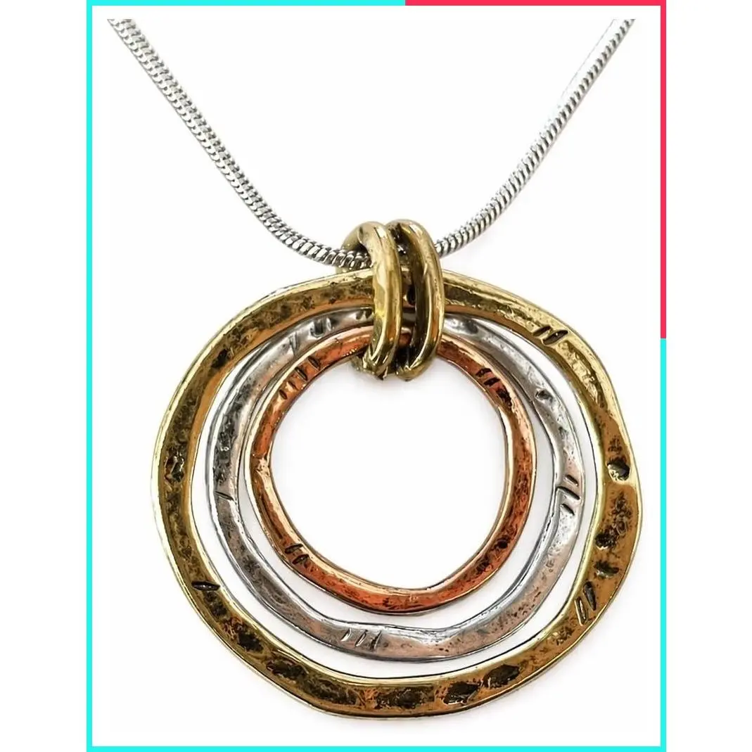 Handmade Sunrise Pendant Necklace, Triple Circles in Tri-Tone Copper, Brass, and Silvertone, 18" Silvertone Chain