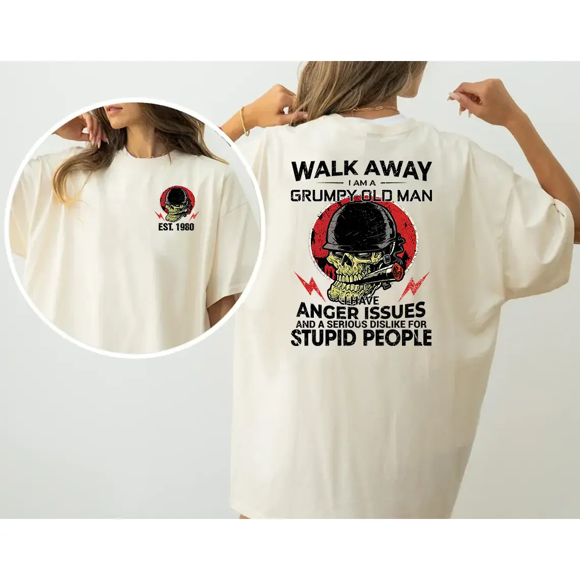 Women's Funny Skull Graphic Print Tee - "Walk Away, I Am A Grumpy Old Man. I Have Anger Issues And A Serious Dislike For Stupid People", Breathable Oversized Cotton Shirt, Machine Washable, Multi-Size, Ideal Gen X Retro Humor Gift