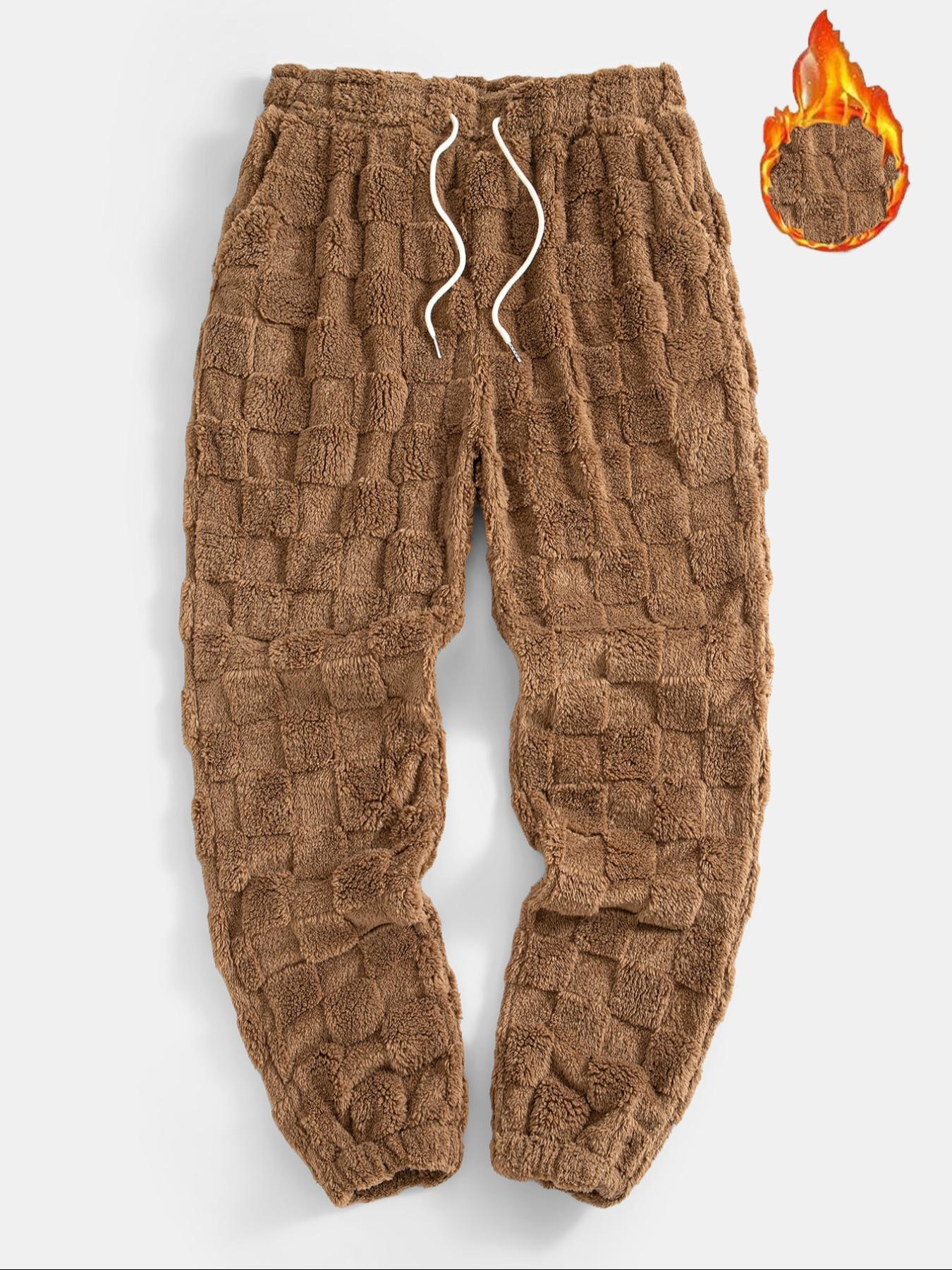 Men's Sport Pants, Two-Sided Fleece Jacquard Plaid Casual Long Pants, Pockets, Men's Warm Leisure Sports Pants, Soft Comfy Sweatpants