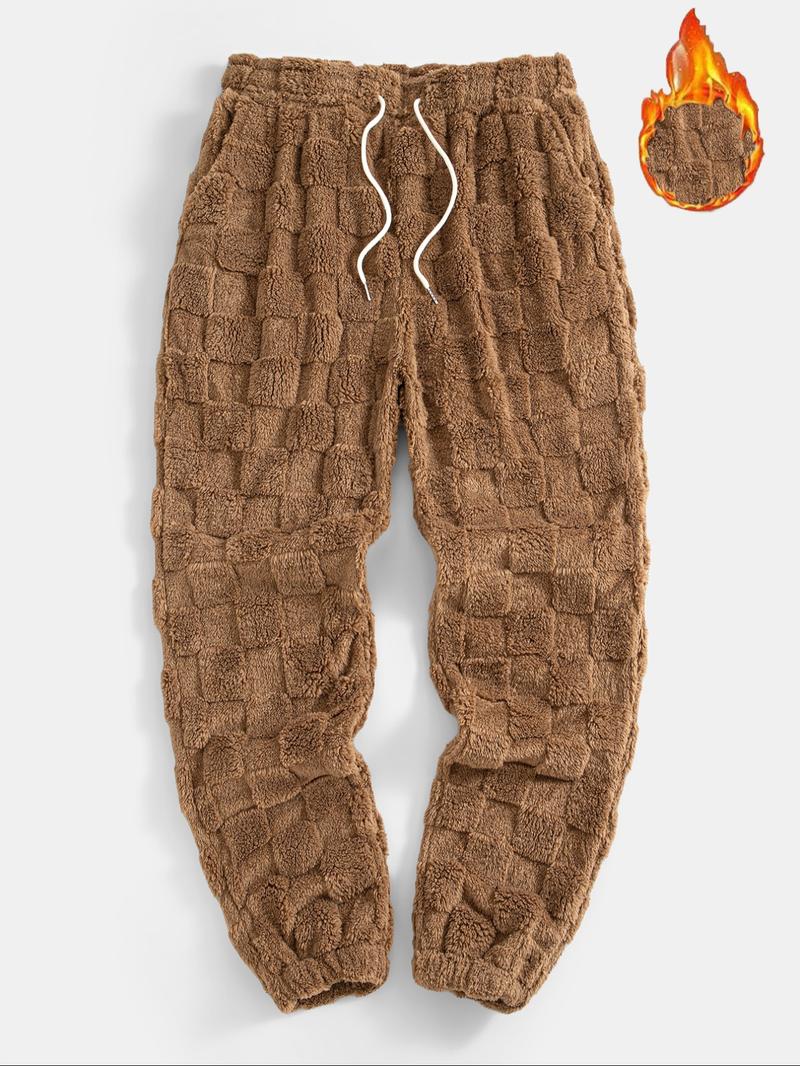 Men's Sport Pants, Two-Sided Fleece Jacquard Plaid Casual Long Pants, Pockets, Men's Warm Leisure Sports Pants, Soft Comfy Sweatpants