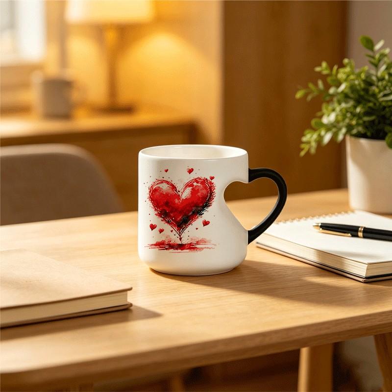 Heart-Shaped Color-Changing Mug - Thermosensitive Ceramic Mug, Changes color when hot drinks are poured in, White body decorated with red heart patterns, Fun gift mug, decorative mug, Novelty coffee mugs, Suitable for tea, cocoa