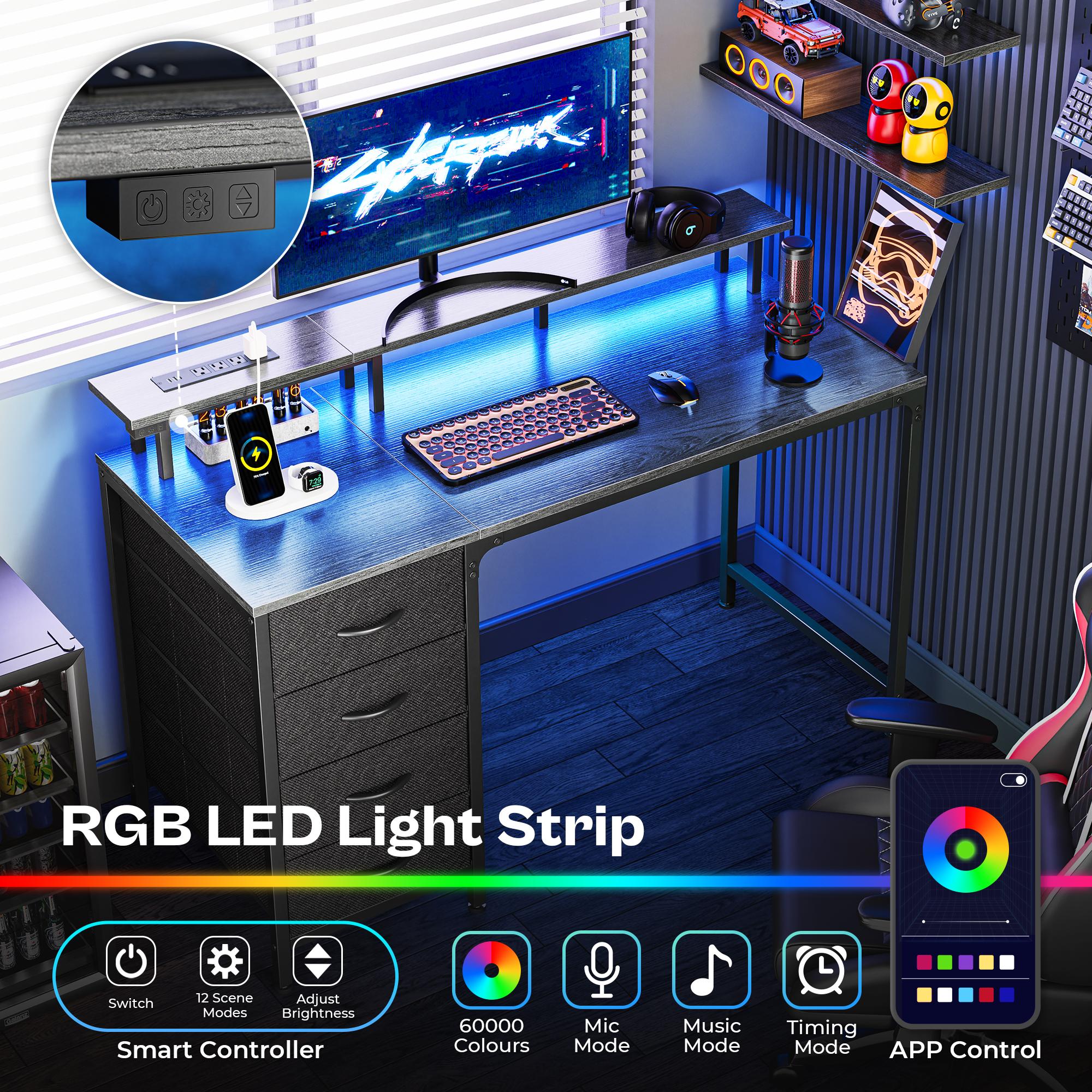 Huuger Computer Desk with Power Outlets and LED Lights, Gaming Desk with 4 Drawers, Office Desk with Monitor Stand, USB-C Port