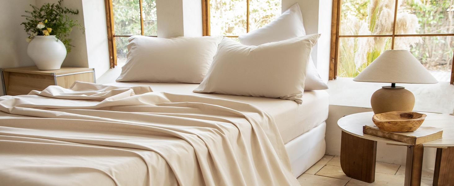 Linen Sheet Set , Linen Cotton Blend Sheets Set 4pcs, 1 Flat Sheet, 1 Fitted Sheet & 2 Pillowcases, Cooling Breathable Farmhouse Bedding