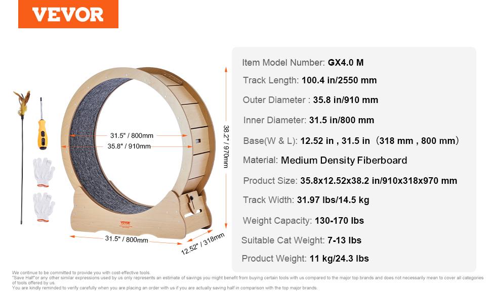 Summervibes VEVOR Cat Exercise Wheel, Large Cat Treadmill Wheel for Indoor Cats, 35.8 inch Cat Running Wheel with Detachable Carpet and Cat Teaser for Running/Walking/Training, Suitable for Most Cats
