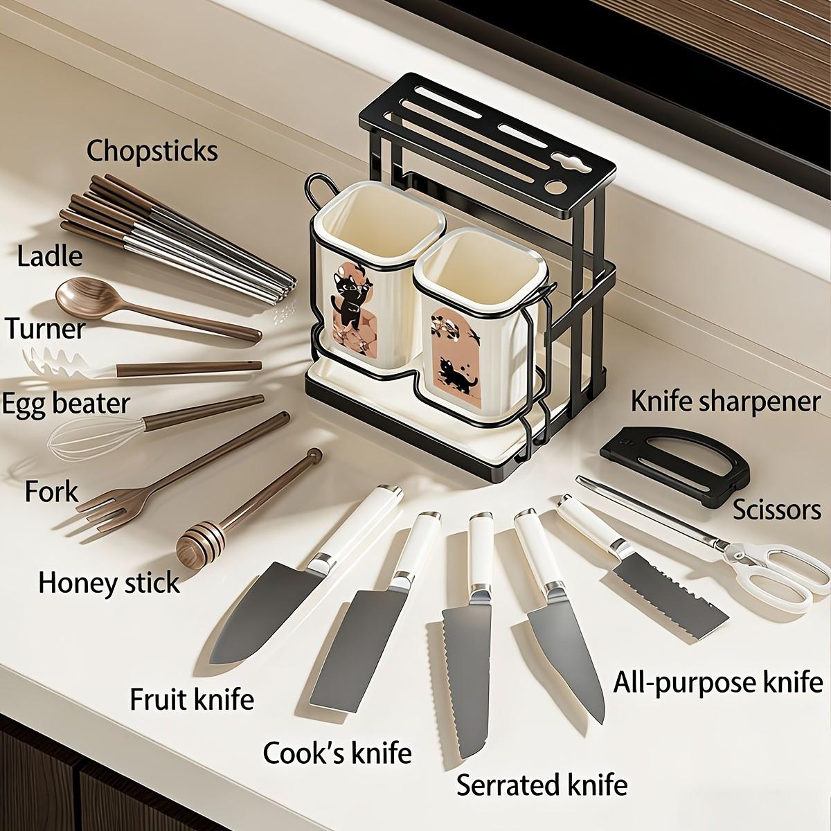 Carbon Steel Kitchen Utensil Rack with Cutters Holder, 2 Cute Cat Storage Boxes, Wall-Mounted and Countertop Storage, Detachable Tray, Durable Design