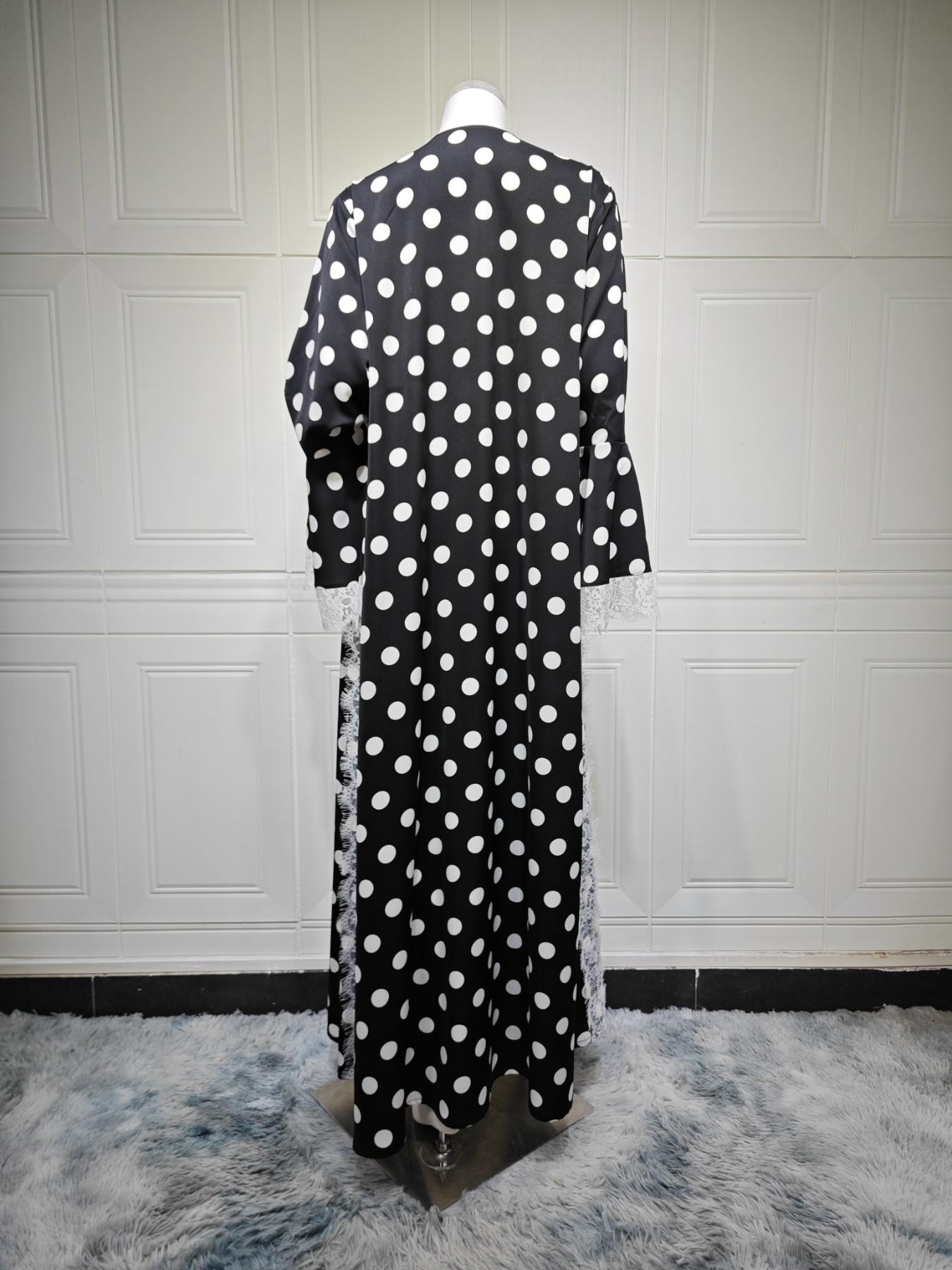 New Muslim Women's Islamic Clothing Vintage Base Polka Dot Lace Patchwork Headscarf Ruffle Sleeve Long Robe 2-Piece Set, Middle Eastern Long Dress with Headscarf