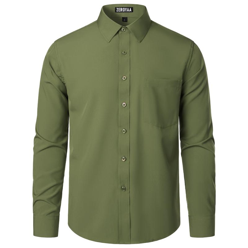 ZEROYAA Men's Regular Fit Orange Dress Shirt Solid Wrinkle-Free Long Sleeve Casual Business Button Up Shirts with Pocket Camisa de Vestir Mens 4th of July Shirt Sublime Shirt Beige Top Polyester Fabric