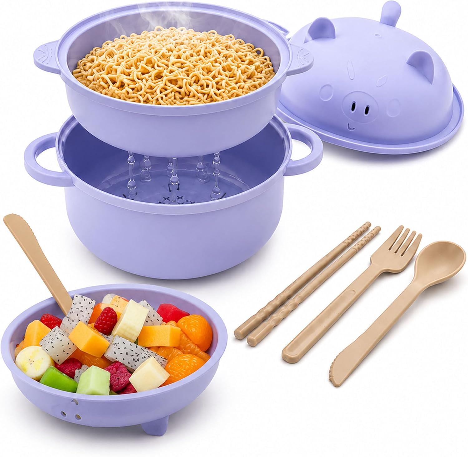 Nifogo Stylish Wheat Straw Cartoon Pig Ramen Noodle Bowl Set - 43oz(1300ml) Microwave-Safe Ramen Cooker with Strainer Lid, Handle, Spoon, Fork, Chopsticks, Stackable Bowls - Camp Kitchen Ware for Home,Camping Use
