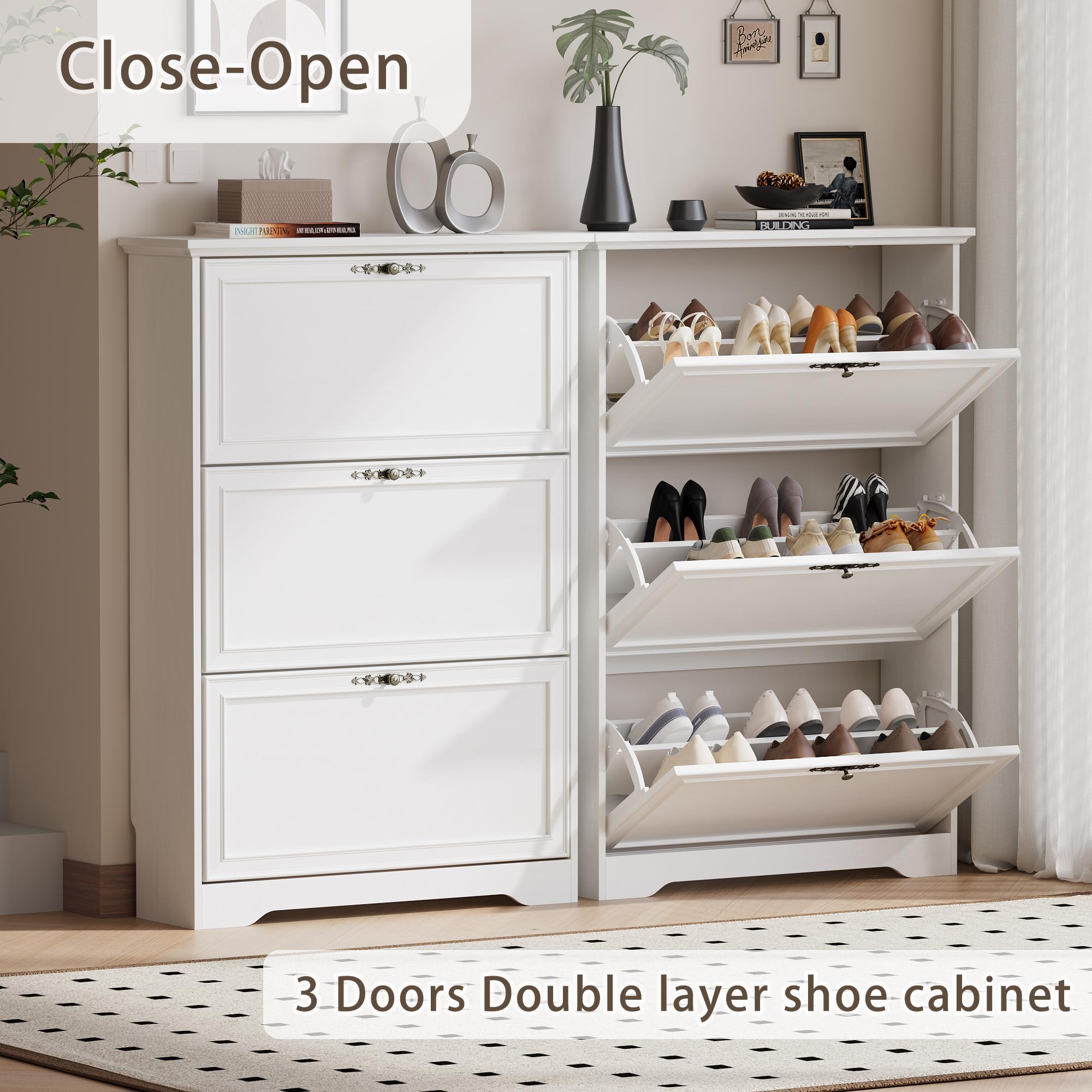 3 Flips Shoe Cabinet for Entryway, Narrow Shoe Storage Cabinet with Adjustable Shelves, Wooden Space-Saving Organizer and Rack for Foyer, Closet, Hallway