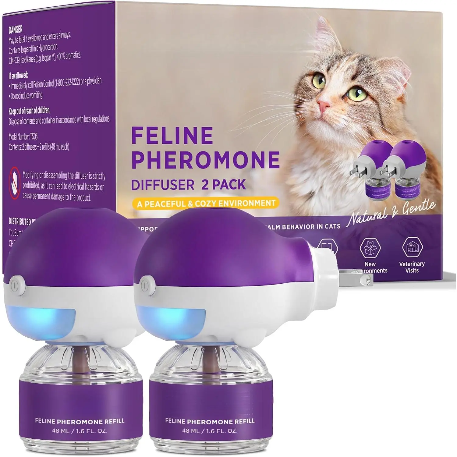 Cat Calming Pheromone Diffuser for Felines, Plug In Feline Pheromone Diffuser Help Reduce Stress, Anxiety, Spraying, Fighting, Scratching, Aggression and Excessive Meowing, Purple Style, 2 Diffusers with 3.2 Fl Oz Refill Liquid, Great for Indoor Cat Care