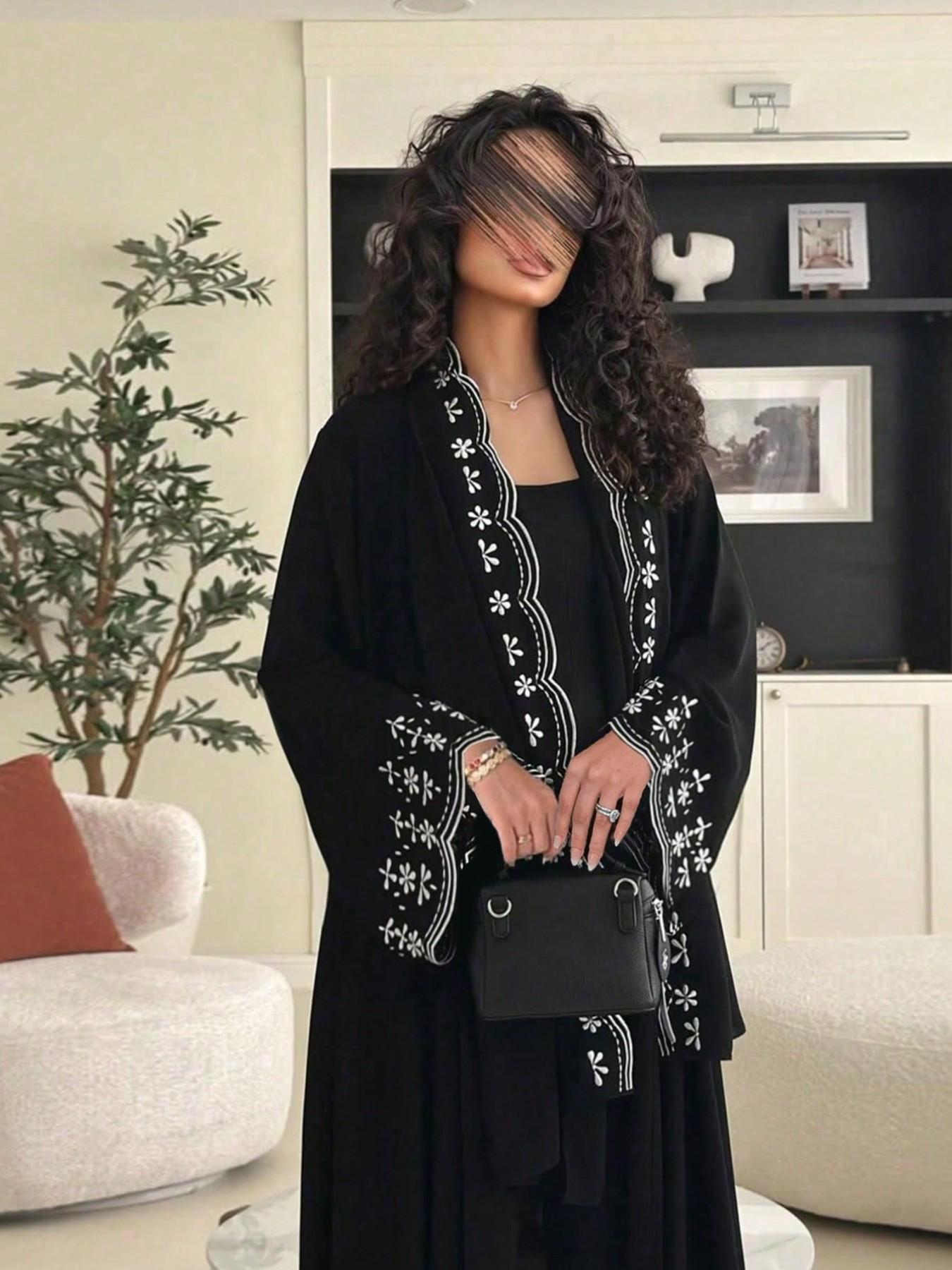 Hafizah New Women's Modest Fashion Embroidered Outerwear Cardigan, Trendy Style Casual Long Dress with Headscarf, All Seasons Oversize Loose Fit Clothes