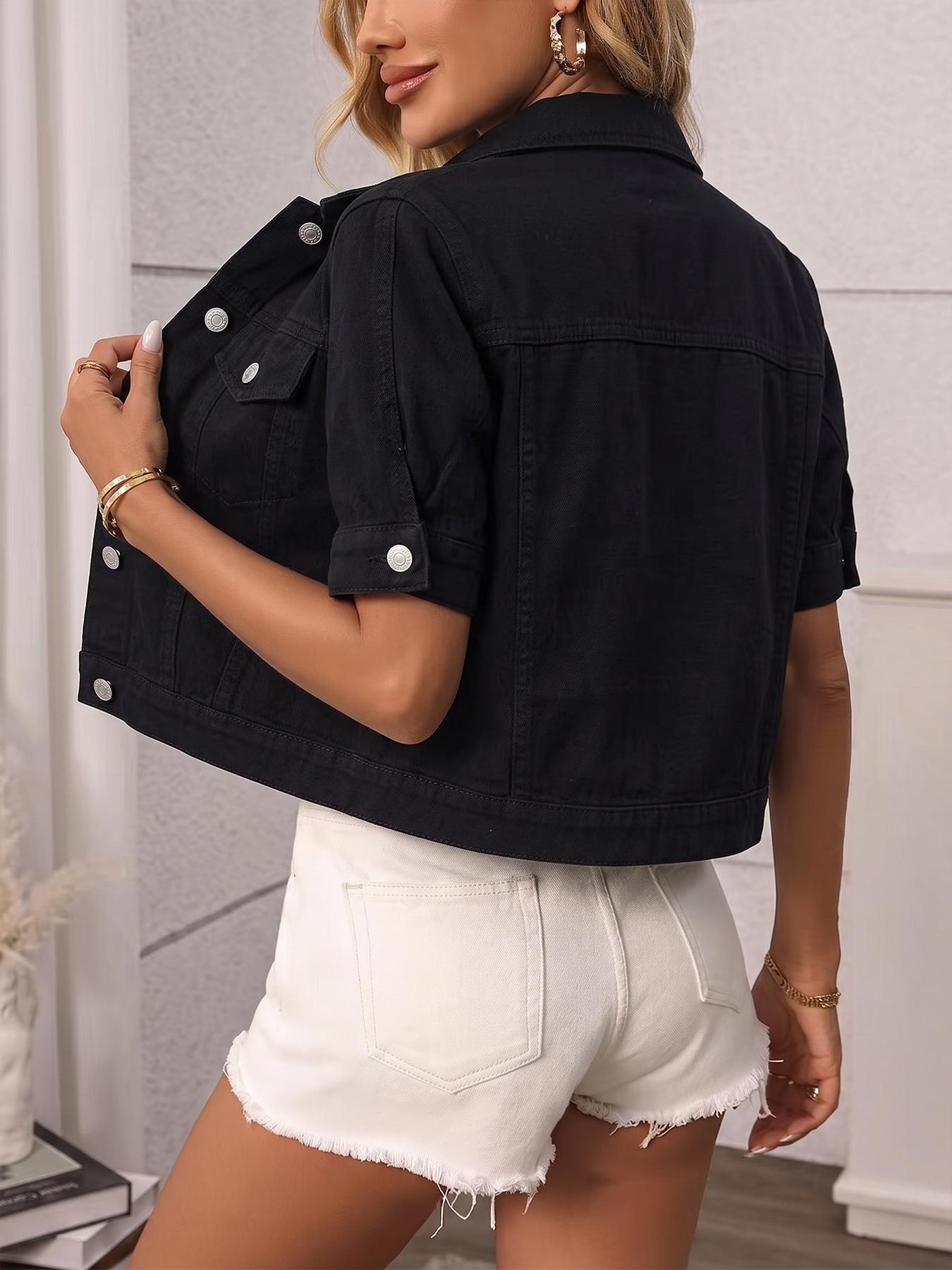 Women's Classic Short Sleeve Denim Jacket, Casual Single Button Short Denim Collar Top, Summer Outerwear, Loose-Fitting