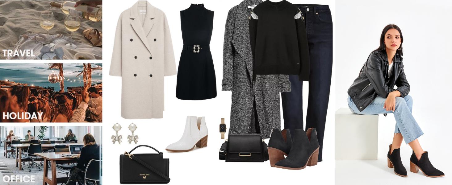 Coutgo Womens Pointed Toe Stacked Mid Heel Ankle Boots V Cut Back Zipper Faux Leather Booties