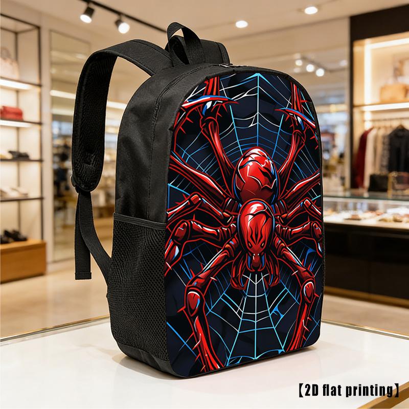 Durable Water Resistant Single Kids Backpack, Lightweight 600D Oxford School Daypack with Vivid Red Glossy Spider & Blue Cobweb Graffiti Full Print, Breathable Padded Strap Large Capacity Superhero Casual Bookbag for Boys & Young Fans