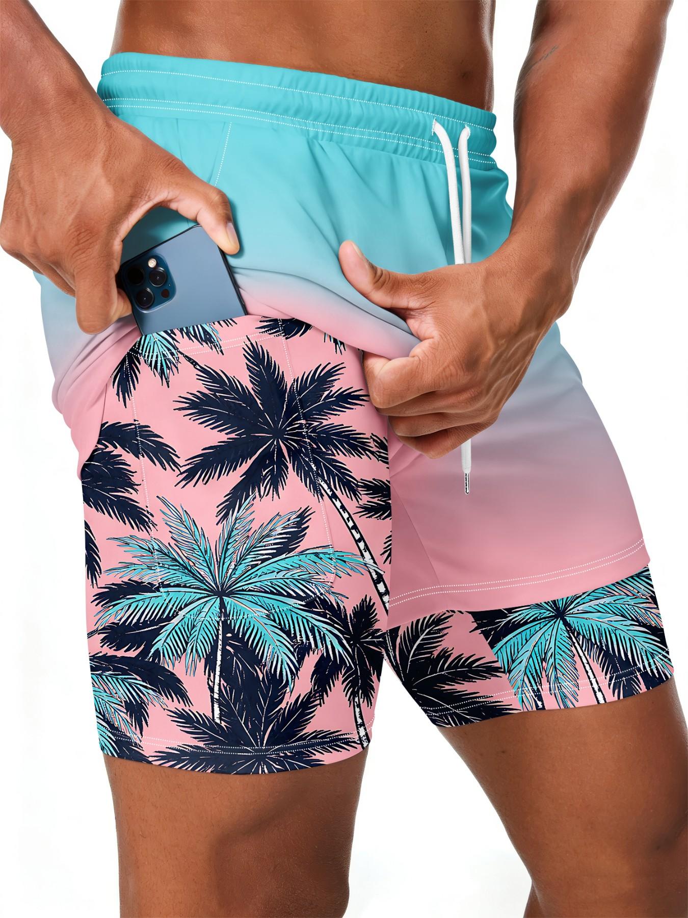 Men's Double-Layered Beach Shorts, Blue Gradient Coconut Tree Print, Quick-Dry Drawstring Waist, Summer Surfing Casual Shorts, Beach Swim Trunks