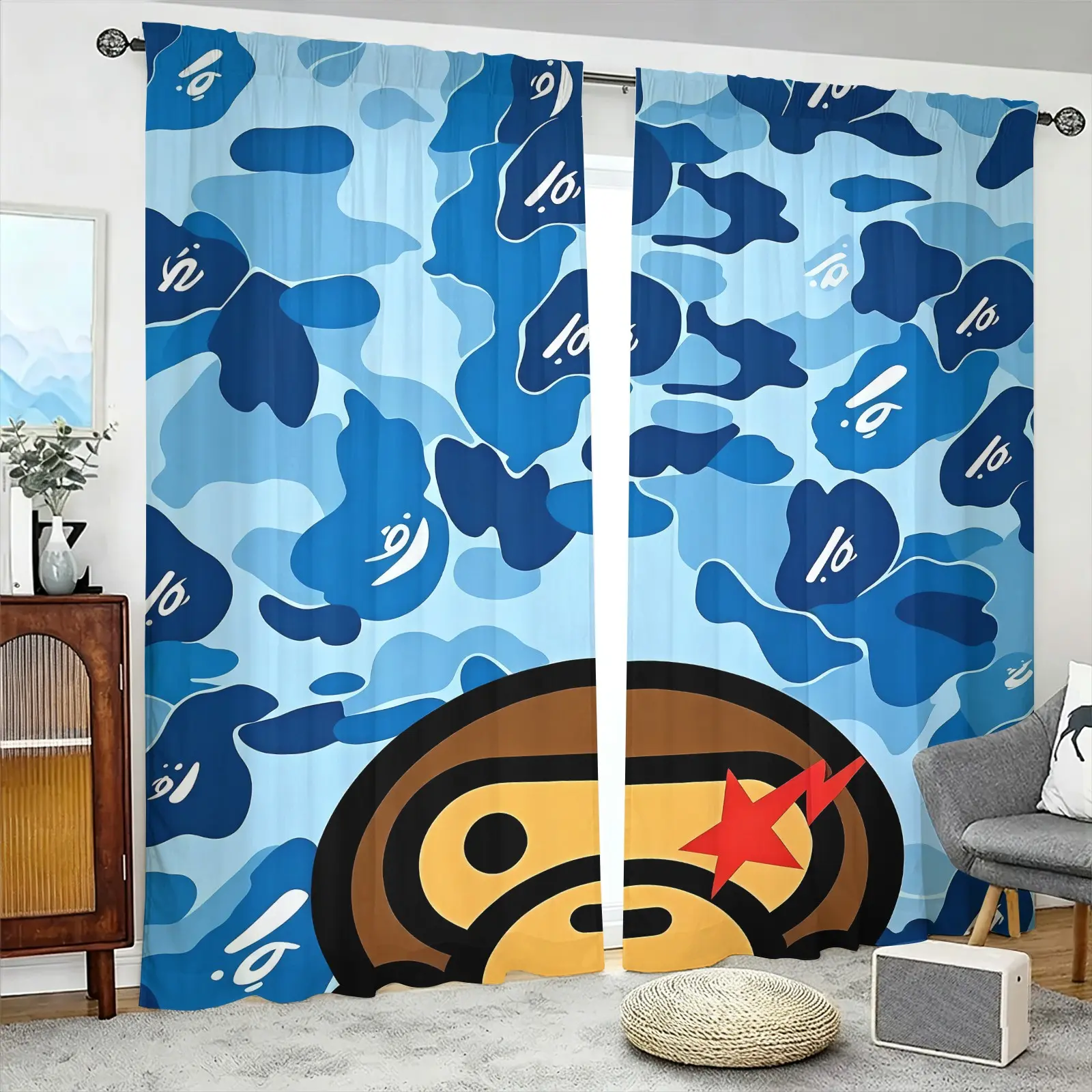 Blue Camouflage Gorilla Red Star Lightning Print Curtains, Two-Panels Rod Pocket Design, No Drilling Easy Install, Privacy Blocking Noise Reduction Drapes, For Hypebeast Bedroom Dorm Gaming Room Decor