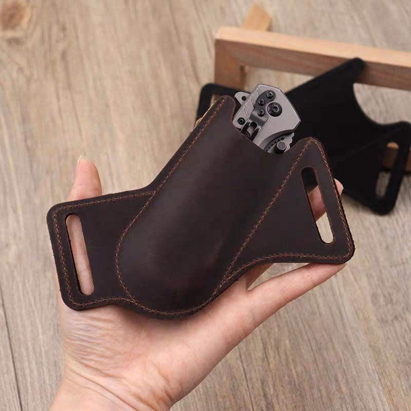 EDC outdoor travel handmade genuine leather tactical knife sheath/storage tool belt/pouch/backpack for men, foldable key gift