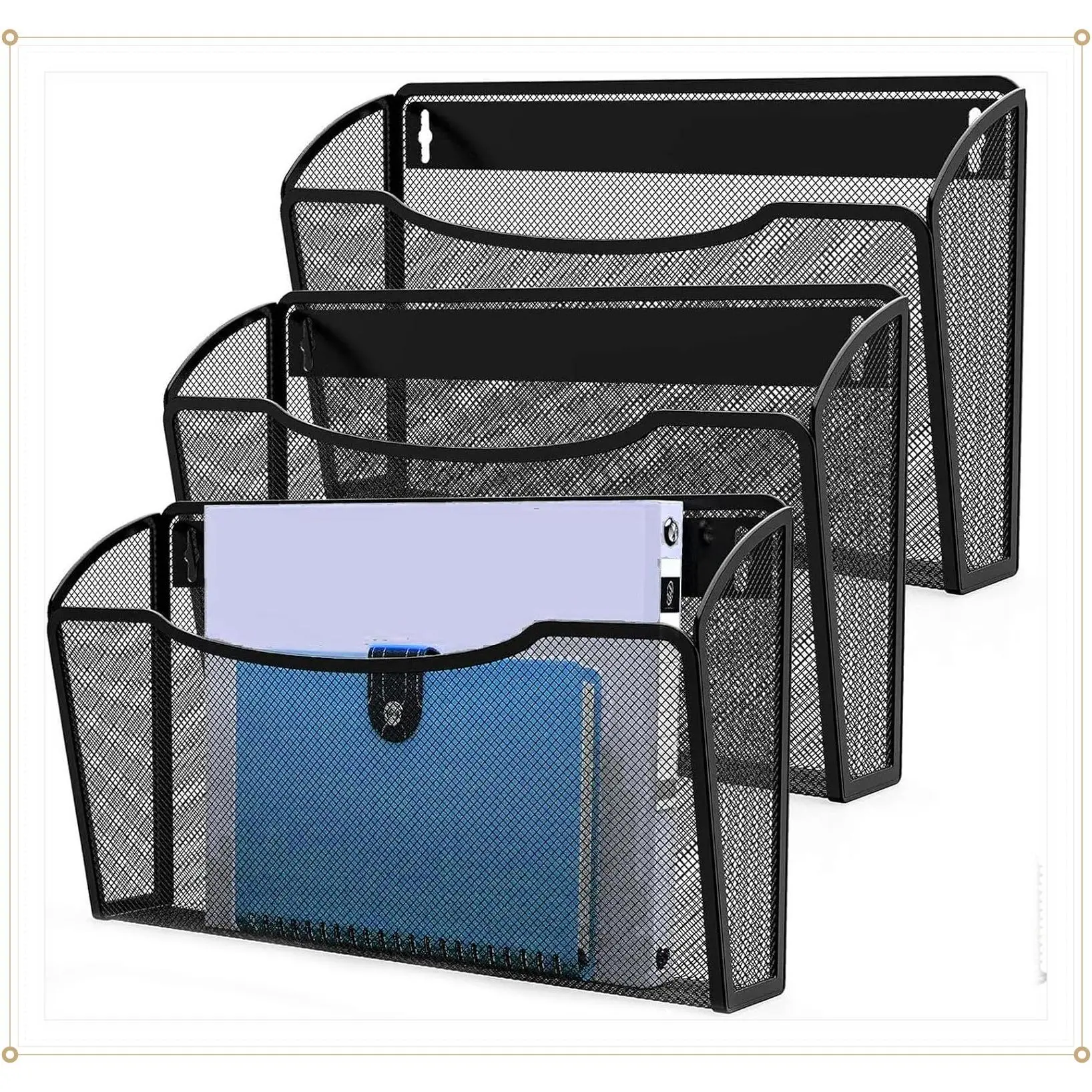 3 Pack Black Metal Mesh Hanging Wall File Organizer, Heavy Duty Iron Wall Mount Single Pocket Mail Organizer for Office School Classroom Home, Letter A4 SizeGift