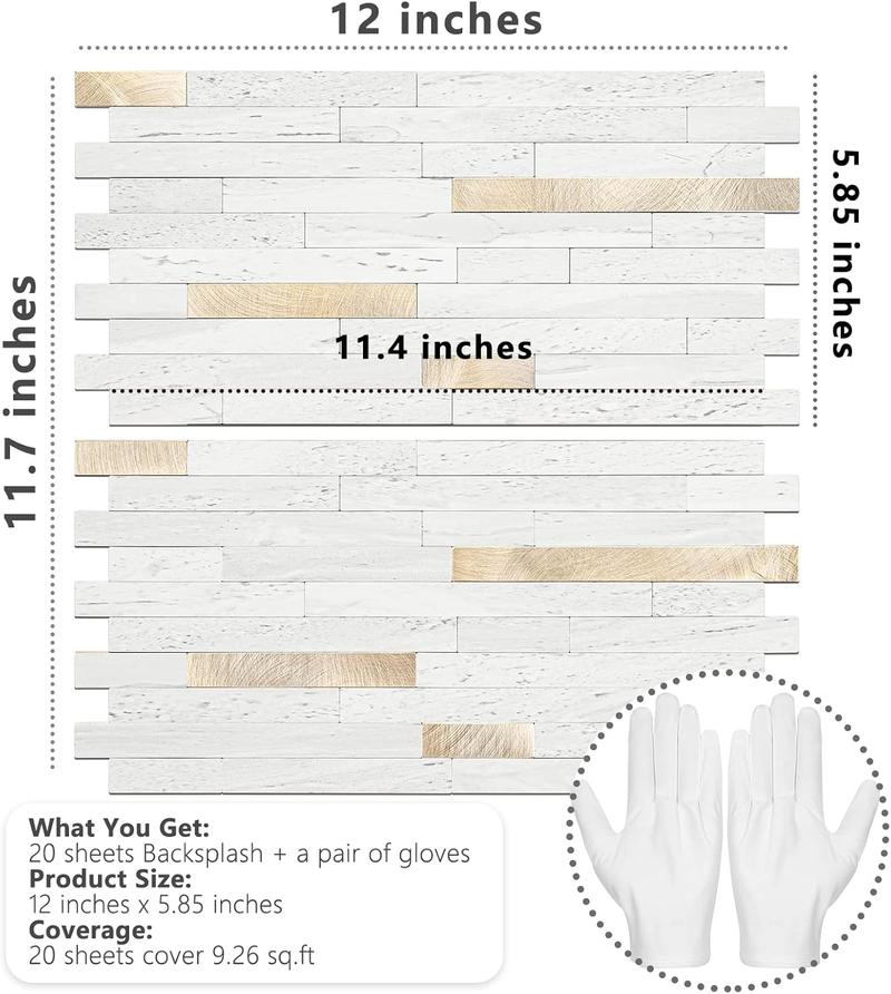 STICKGOO 20 Sheets Peel and Stick Backsplash Tile, Stick on Backsplash for Kitchen and Bathroom, Sunny Beige Look PVC Mixed Metal Gold Self Adhesive Wall Tiles Home Modern