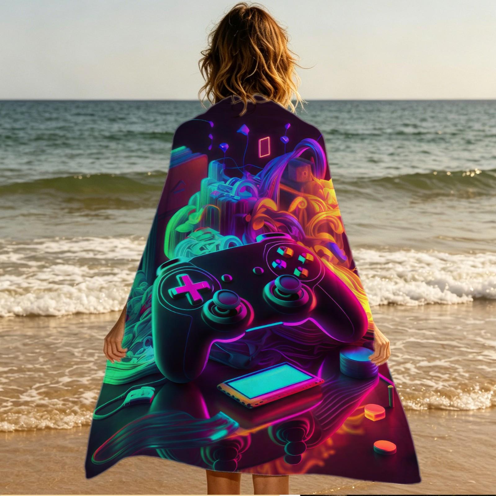 Neon Game Controller Print Beach Towel, a Unique Cyberpunk‑Style Game Controller Beach Towel, Perfect for Beach Vacations, Poolside Fun, and Outdoor Camping—Creating a Trendy and Cool Summer Getaway Experience