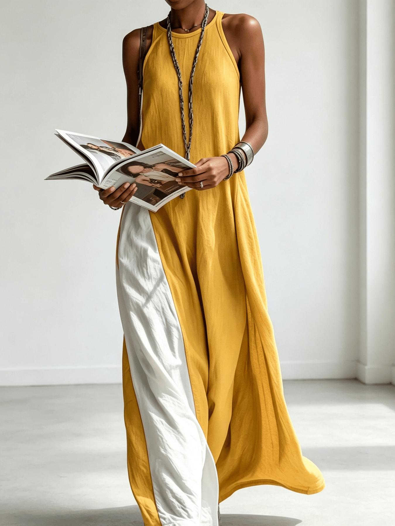 A women's color-blocking dress, Casual Beach Dress, Beach Resort Wear, with sleeveless vest, draping and flesh-concealing long skirt, suitable for summer, beach vacation, exploring shops, attending exhibitions, dating, and enjoying afternoon tea