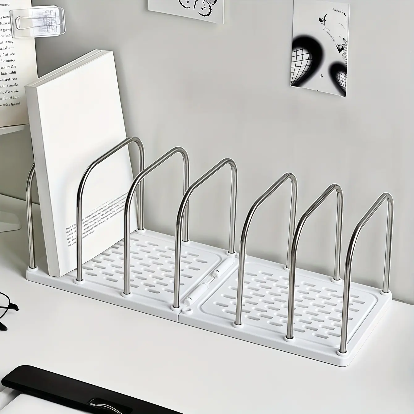 1 piece stainless steel + PP desktop bookshelf | Non-slip base with adjustable divider vertical small bookstand | Modern simple desk storage rack for mail and document storage | Student dormitory study table rack