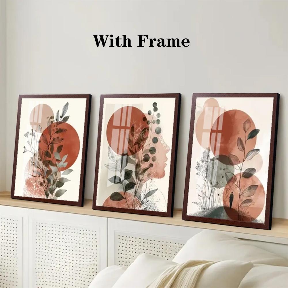 3-Piece Optional Wooden Frame Bohemian Terracotta Geometric Leaf Abstract Floral Art High Color Reduction Flat Surface Minimalist Home Background Decor