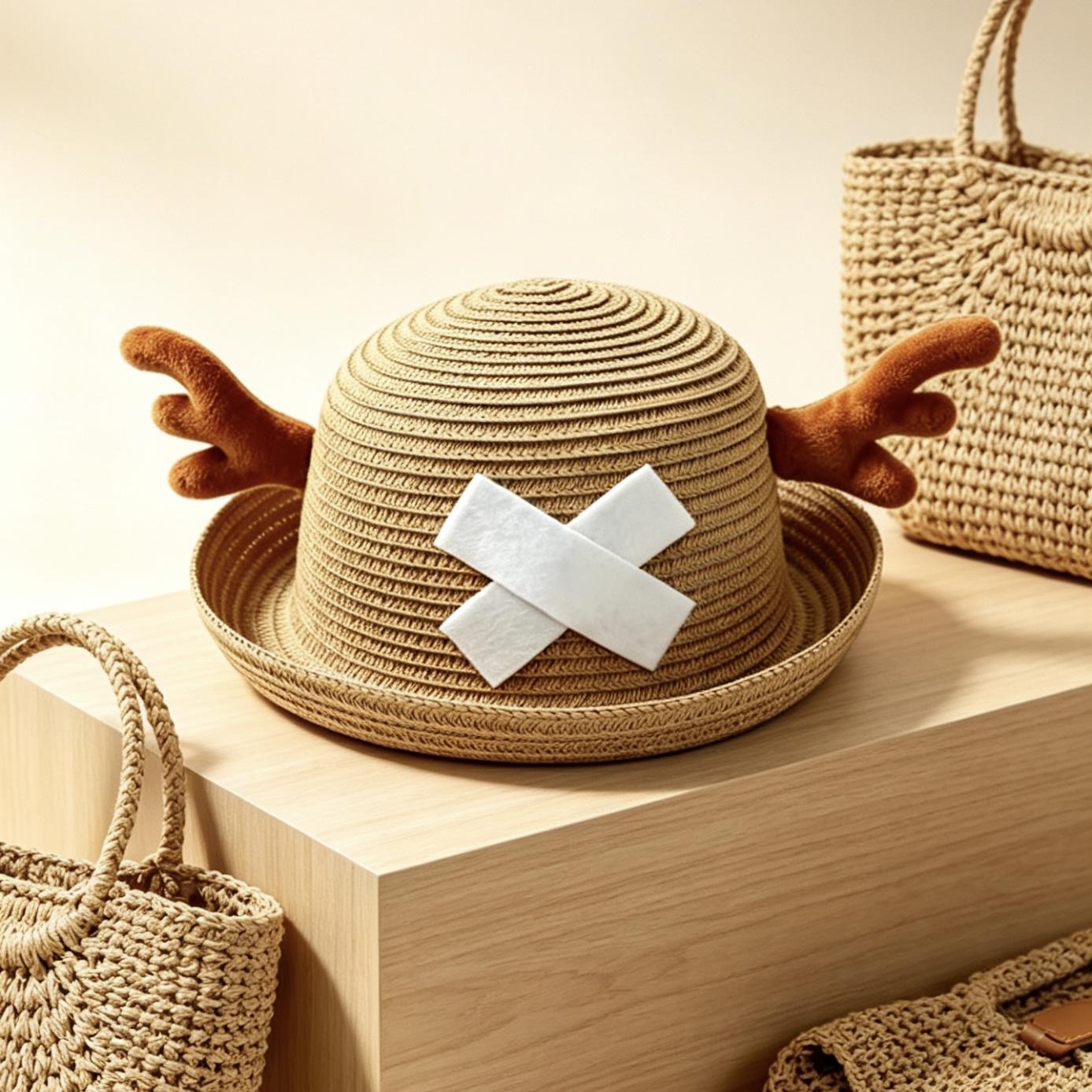 New two-dimensional anime straw hat, One Piece cartoon hat, cosplay accessory with round top and antlers, summer sunshade, gift for friends party