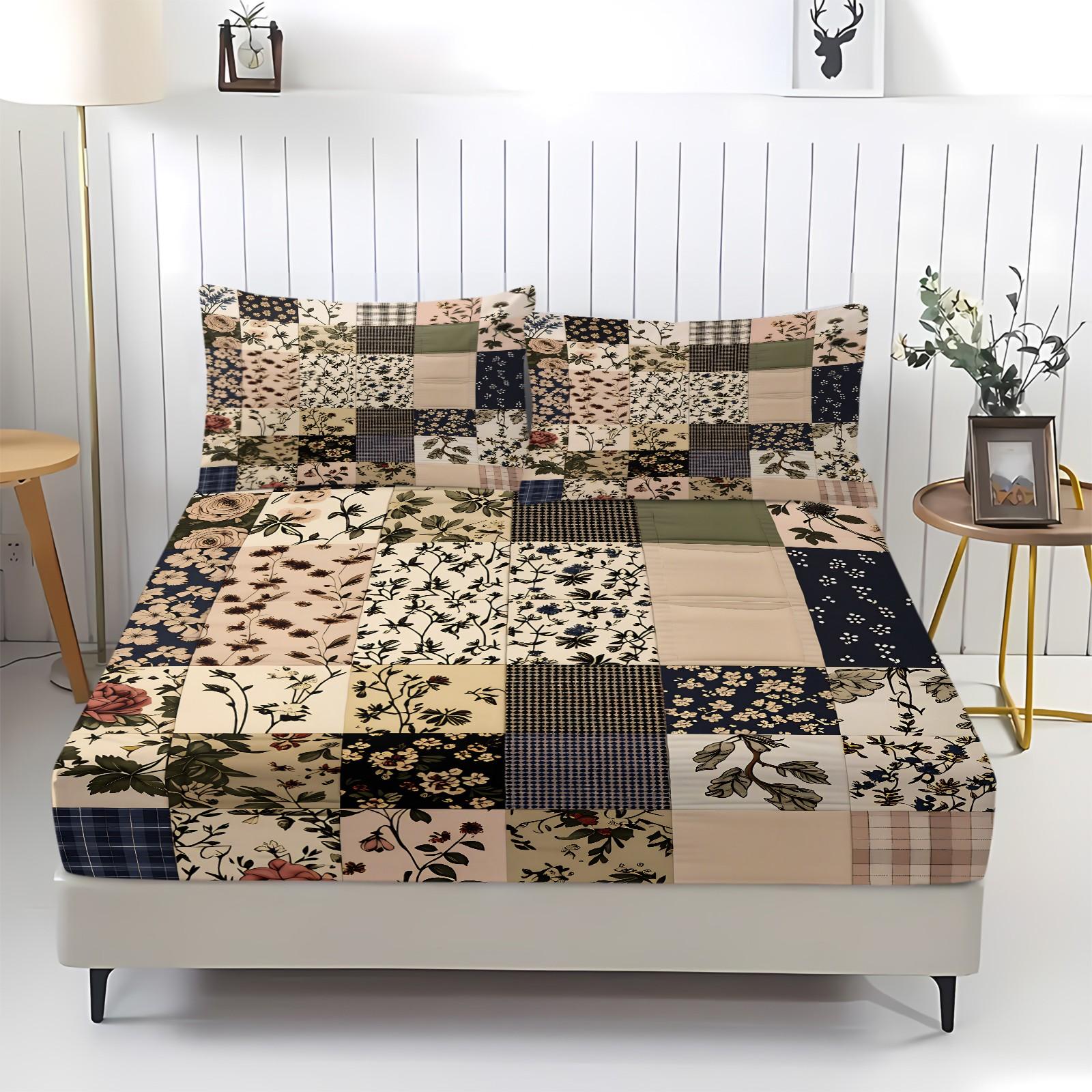 3PCS Vintage Patchwork Floral Plaid Fitted Bed Sheets Set, Soft Bedding Sets (1 Fitted Sheet + 2 Pillowcases),Soft Breathable Fabric,Deep Pocket Anti-Slip Design,HD Digital Printing,Retro Botanical All Season Bedding,Ins Style Bedroom Vibes