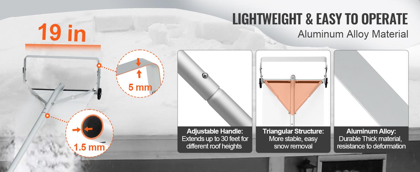 VEVOR Snow Roof Rake, 30ft Reach Aluminium Roof Shovel with Slide Cloth, Premium 19 Blade Snow Removal Tool, Safe on Roof with Roll Wheels, Anti-Slip Handle, Use for House Roof, Car Snow, Wet Leaves