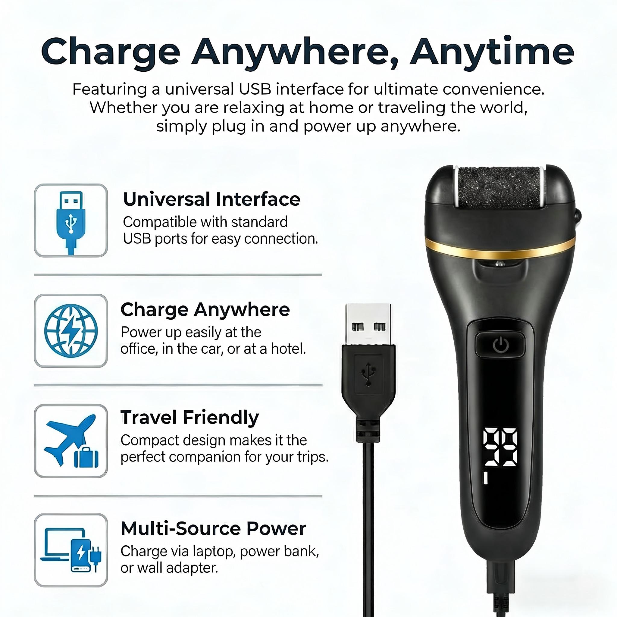 Electric Foot Exfoliator Kit, Rechargeable Nail Care Tool, 3 Rollers, 2 Speeds, Battery Display, Removes Dry Heels, Calluses, Dead Skin