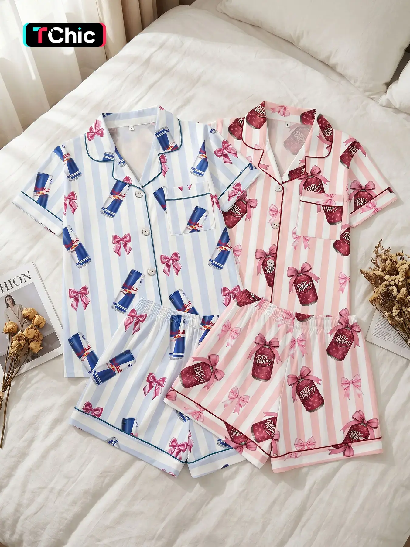 Women's 2 Pack Short Sleeve Button Down Top and Shorts Pajama Set, Spring Summer Wear, Dopamine Cute Stripe Soda Can Bow Print, Bright Vibrant Style, Cheerful Casual Sleepwear