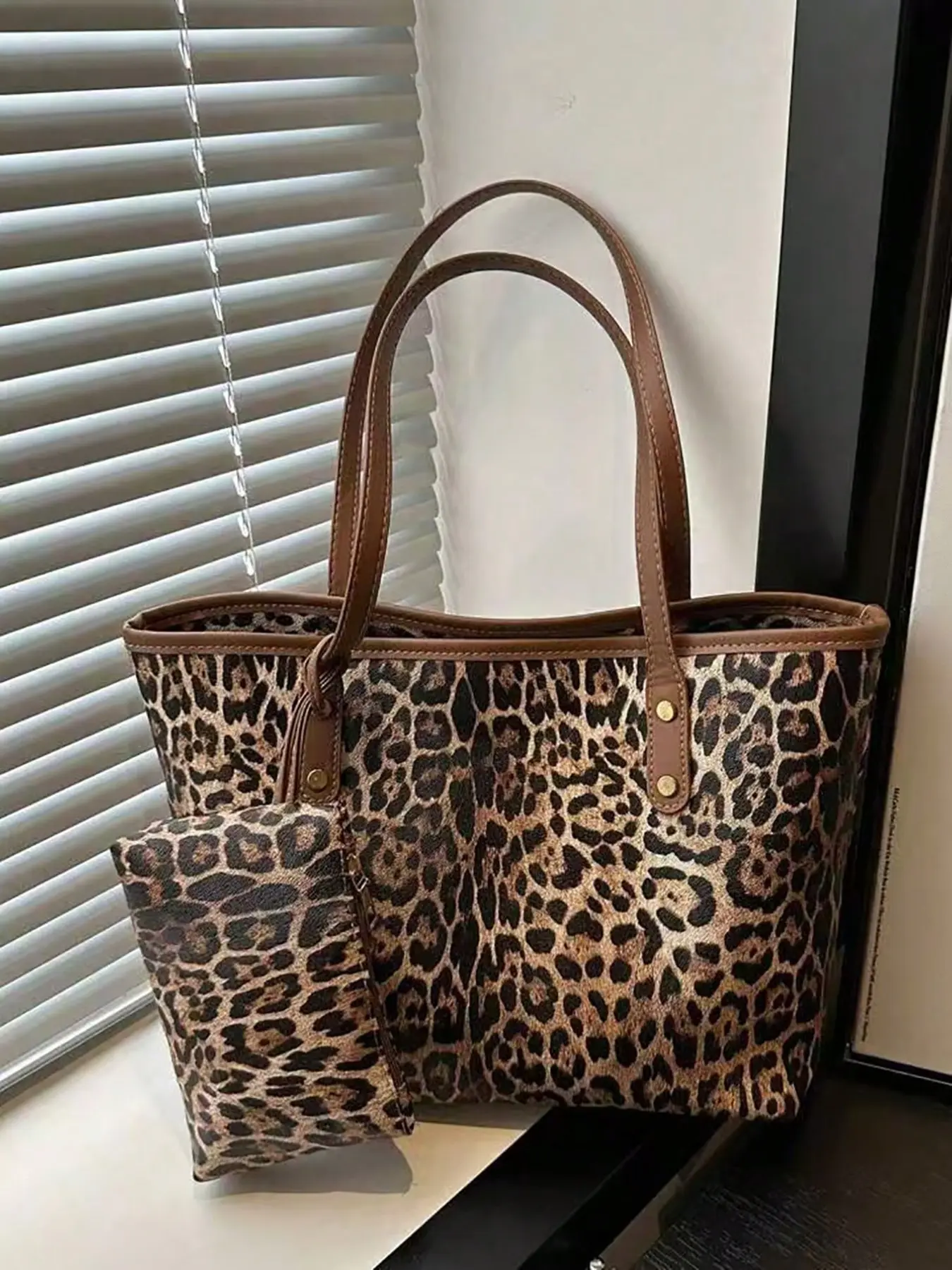 Two-Piece Leopard Print Handbag Set, Fashion Retro PU Shoulder Bag, Ideal for College Students, Office Workers, Travel, Outdoor Activities