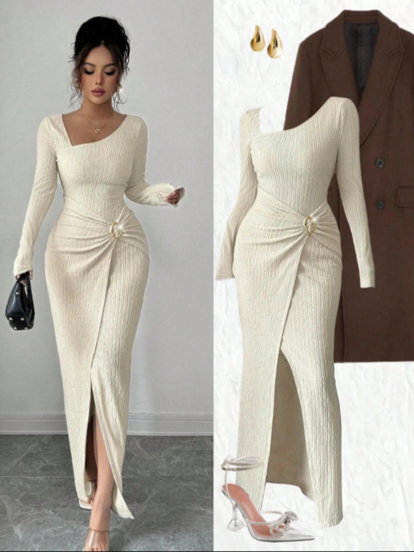Women's Fashion Solid Color Twisted Long Dress, Asymmetrical-Neck Knitted Texture Bodycon Slit Design Dress, Classy Modest Fall Winter Women Clothes