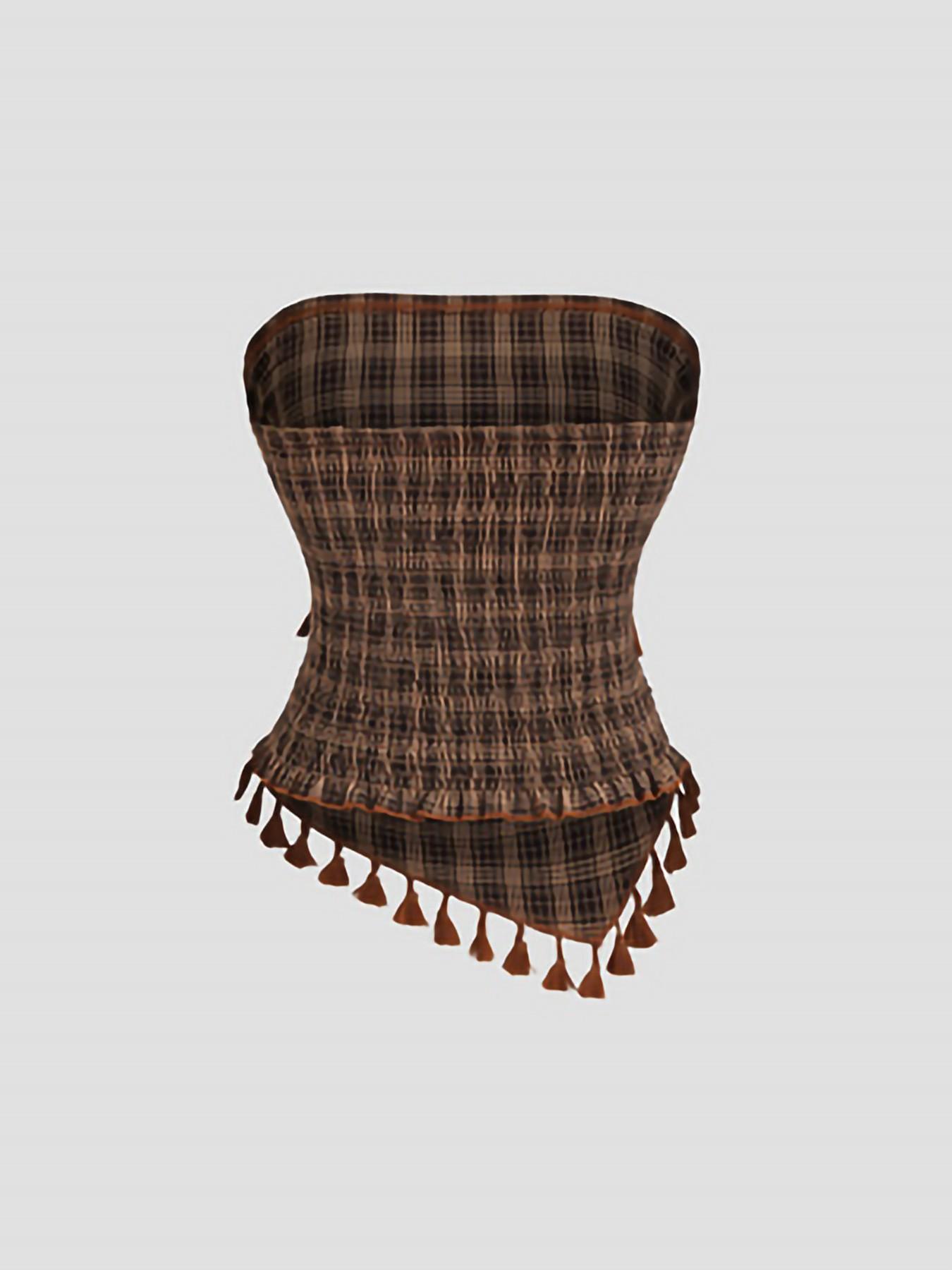 Women's French Vintage Plaid Fringe Trim Bow Design Short Tube Top, Bow Decor Cami, Perfect for Parties, Evening Events and Vacations, Elegant Style Top Women's French Vintage Plaid Fringe Trim Bow Design Short Tube Top, Bow Decor Cami, Perfect for Parties, Evening Events and Vacations, Elegant Style Top