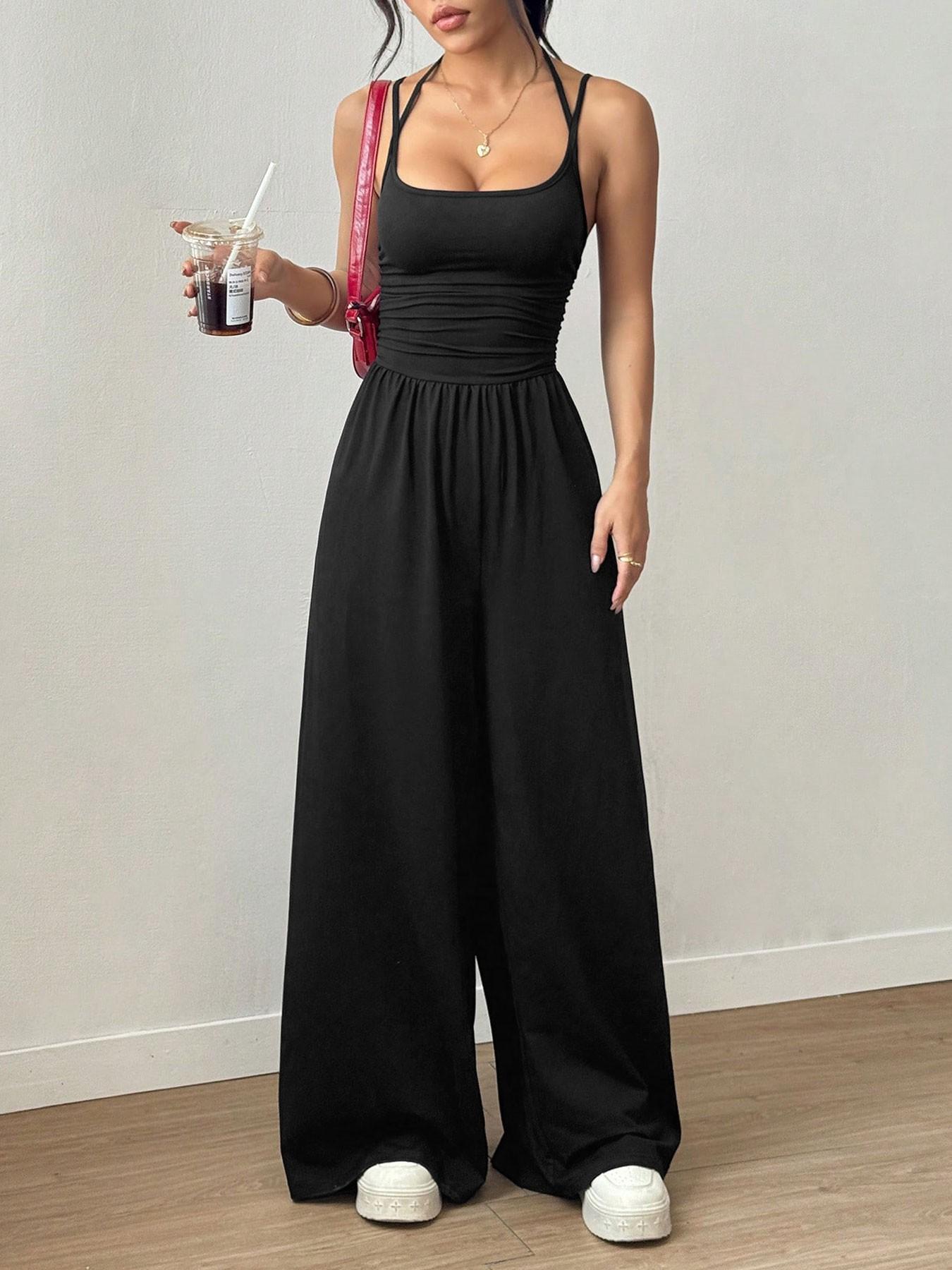 Lightweight Casual Everyday Jumpsuit, Slim Ruched Top & Wide Leg Bottom, Dual Purpose Sleepwear & Outerwear, Loose-Fitting Plain Basic Style, Minimalist, Casual Summer Jumpsuits