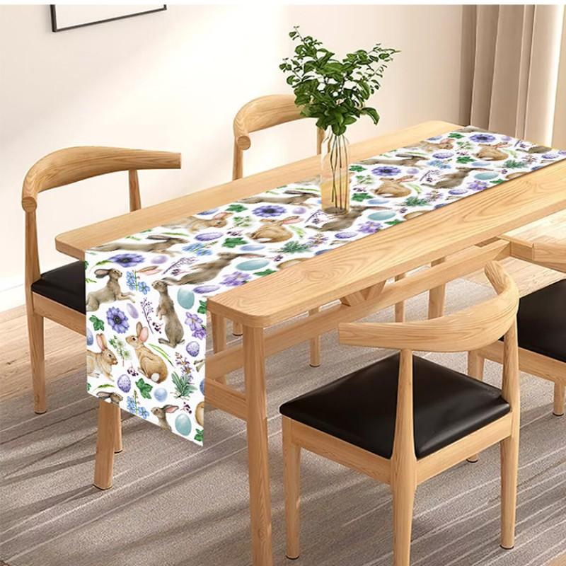 Easter Rabbit Table Runner with Floral Check Pattern, Spring Holiday Kitchen Dining Cover, Perfect for Easter Party Decoration
