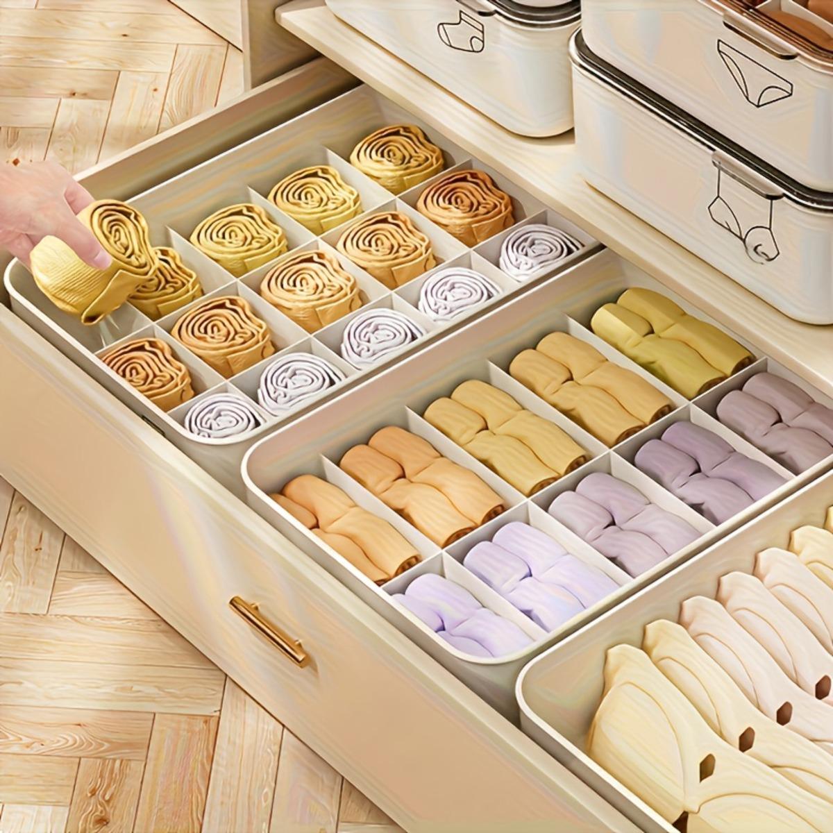 3-Section Underwear and Socks Organizer Box, Covered Closet Drawer Storage Container for Bras, Underwear, Socks and Shorts, Stackable Space-Saving Wardrobe Organizer for Dorm Room and Home