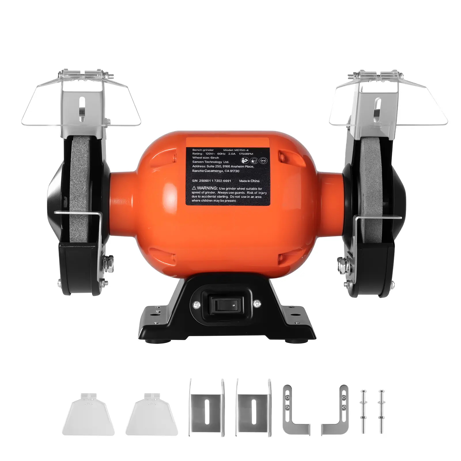Bench Grinder, 6-inch Single Speed Bench Grinder, 1750RPM Low-Speed Table Grinders with 250W 2A Induction Motor, 36/60-Grit Grinding Wheels & Adjustable Tool Rest for Precise Sharpening Grinding