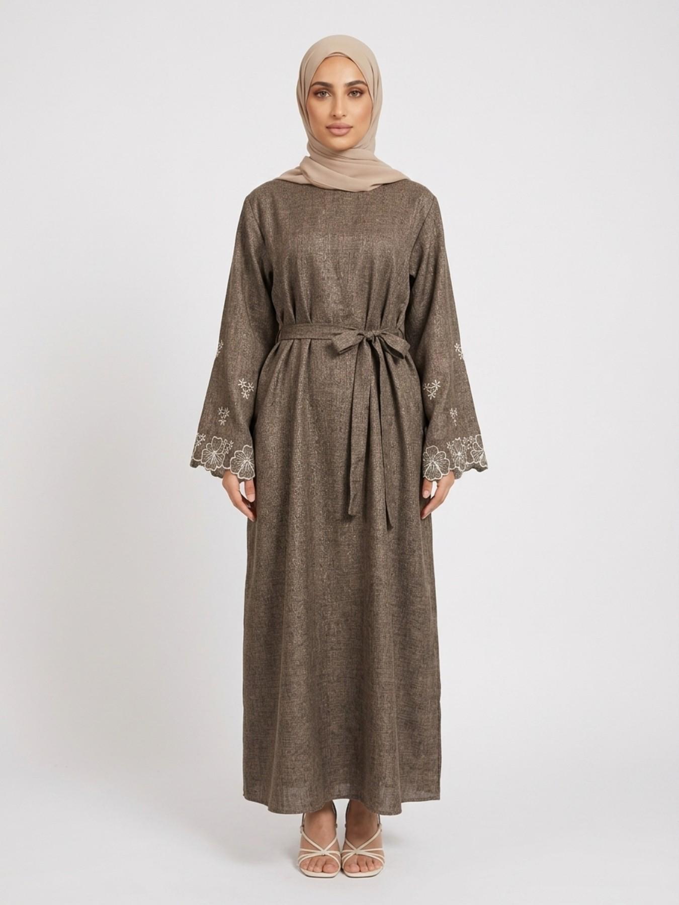 Elegant Embroidered Abaya Maxi Dress, Linen-Like Fabric, Pockets & Belt Included, Perfect for Special Occasions, Women's Fashion Muslim Clothing, Islamic Modesty Clothes