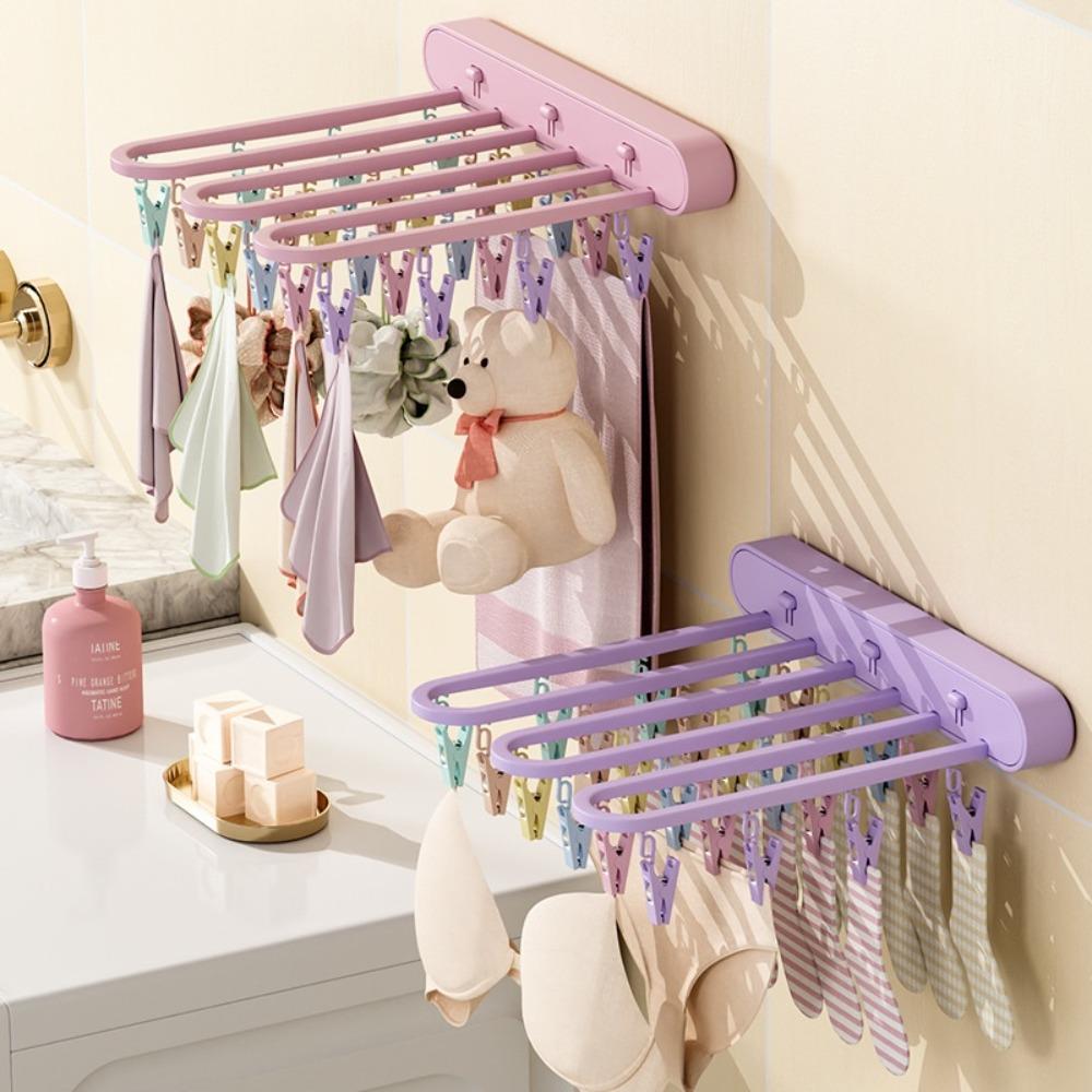 Folding Clothes Drying Rack - Wall-mounted Clothes Hanger with Clips, Space-saving Vertical Drying System, Suitable for Indoor / Balcony / Shower Room Use.