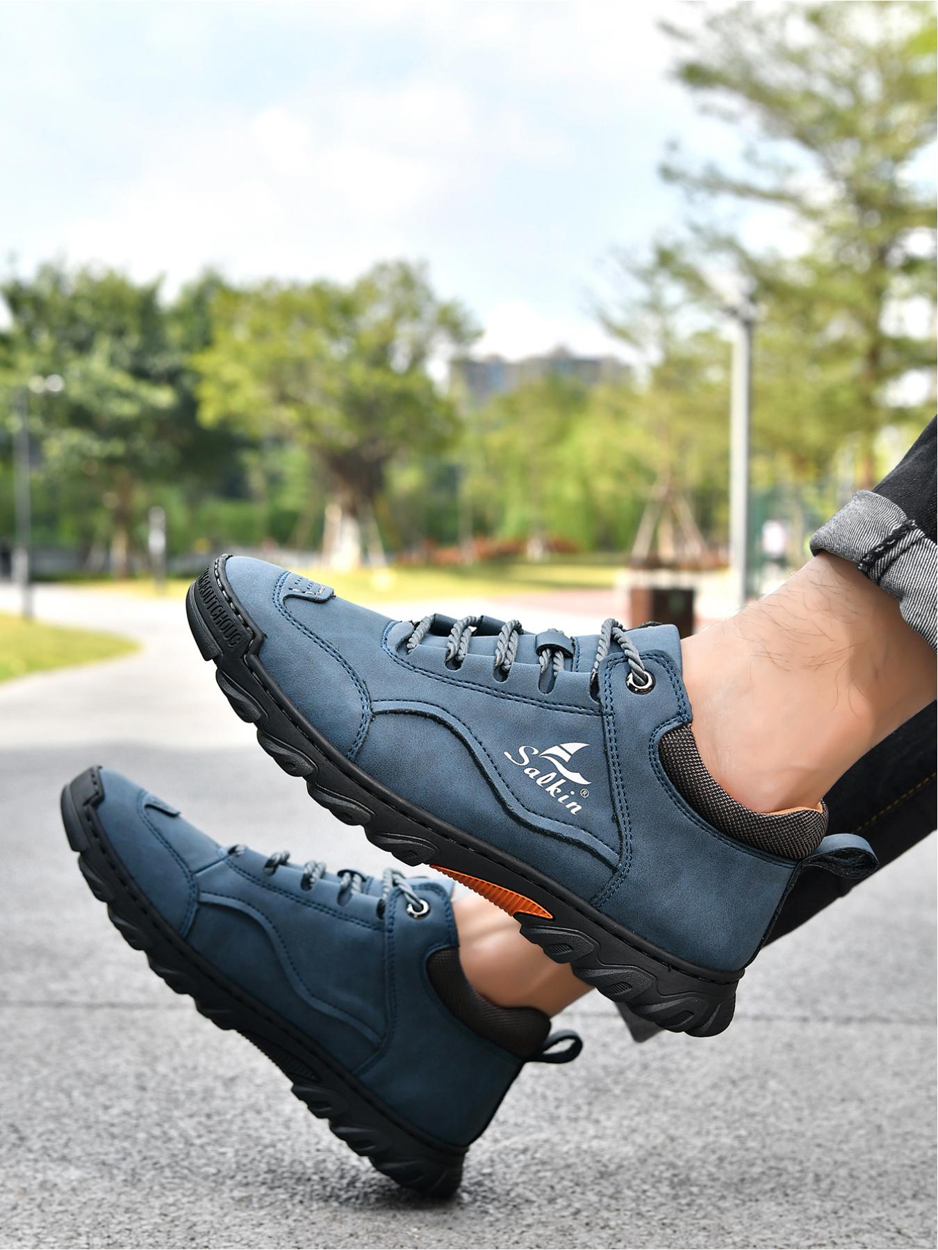 Men's Retro Outdoor Work Shoes, Hand-Stitched Mid-Top Casual Sneakers, Soft Sole Non-Slip Hiking Boots