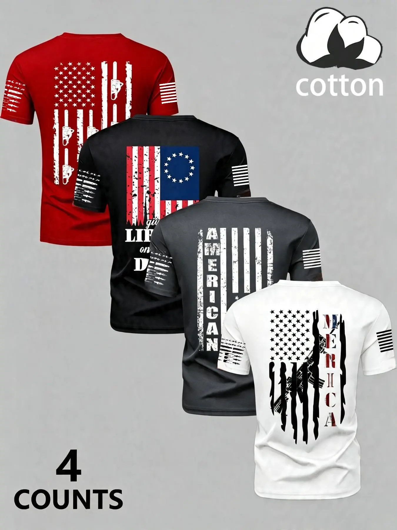 Large Size Men's 4-Pack 100% Cotton Loose Fit T-Shirts, Vintage Distressed American Flag Gun Print Back, Casual Long Sleeve Tops