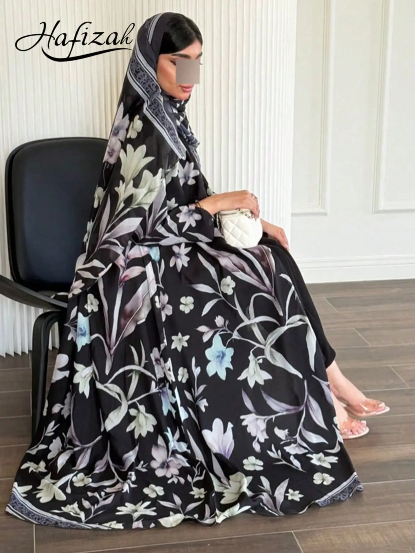 Women's Floral Pattern Long Robe, Muslim Fashion Kimono Style, with Headscarf, Elegant and Dignified, Dubai Style, Suitable for Ramadan and Eid
