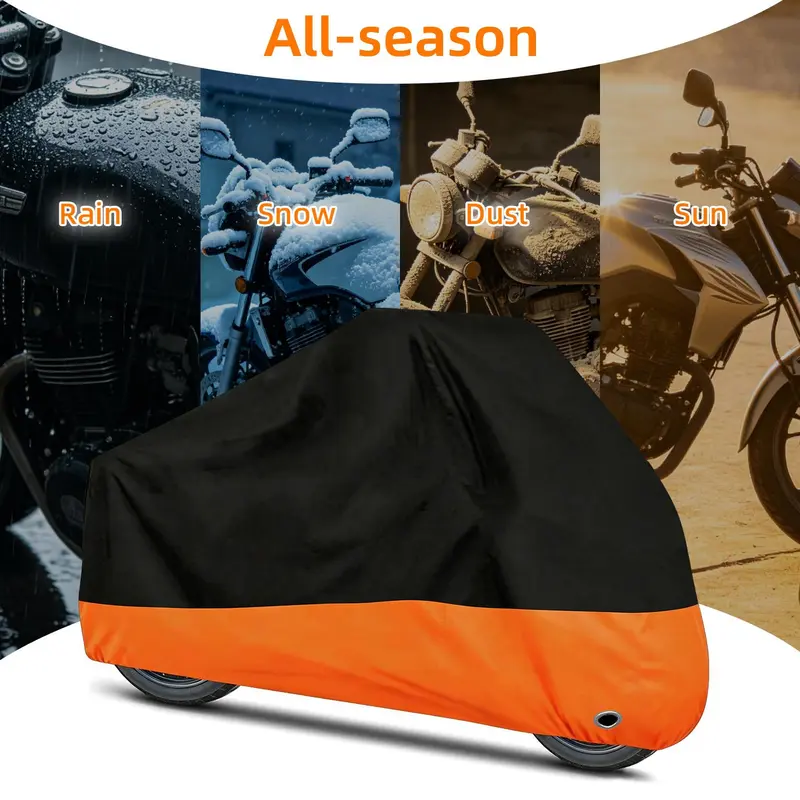 190T Waterproof Motorcycle Cover with Lock Hole, Black Orange Two-Tone All Weather Bike Protector, Windproof Dust Sun Snow Shield, Sizes L/XL/XXL/3XL Fit Motorcycles Scooters