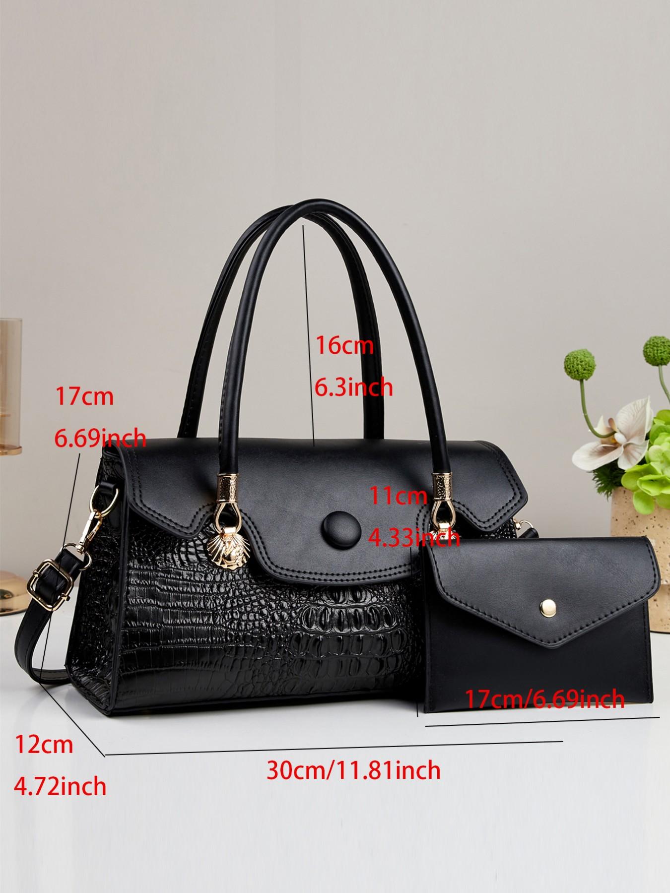 2pcs Women's Glossy Patent Leather Handbag & Clutch Set, Crocodile Pattern, Detachable Strap, Shoulder Crossbody Bag for Work, Travel & Party