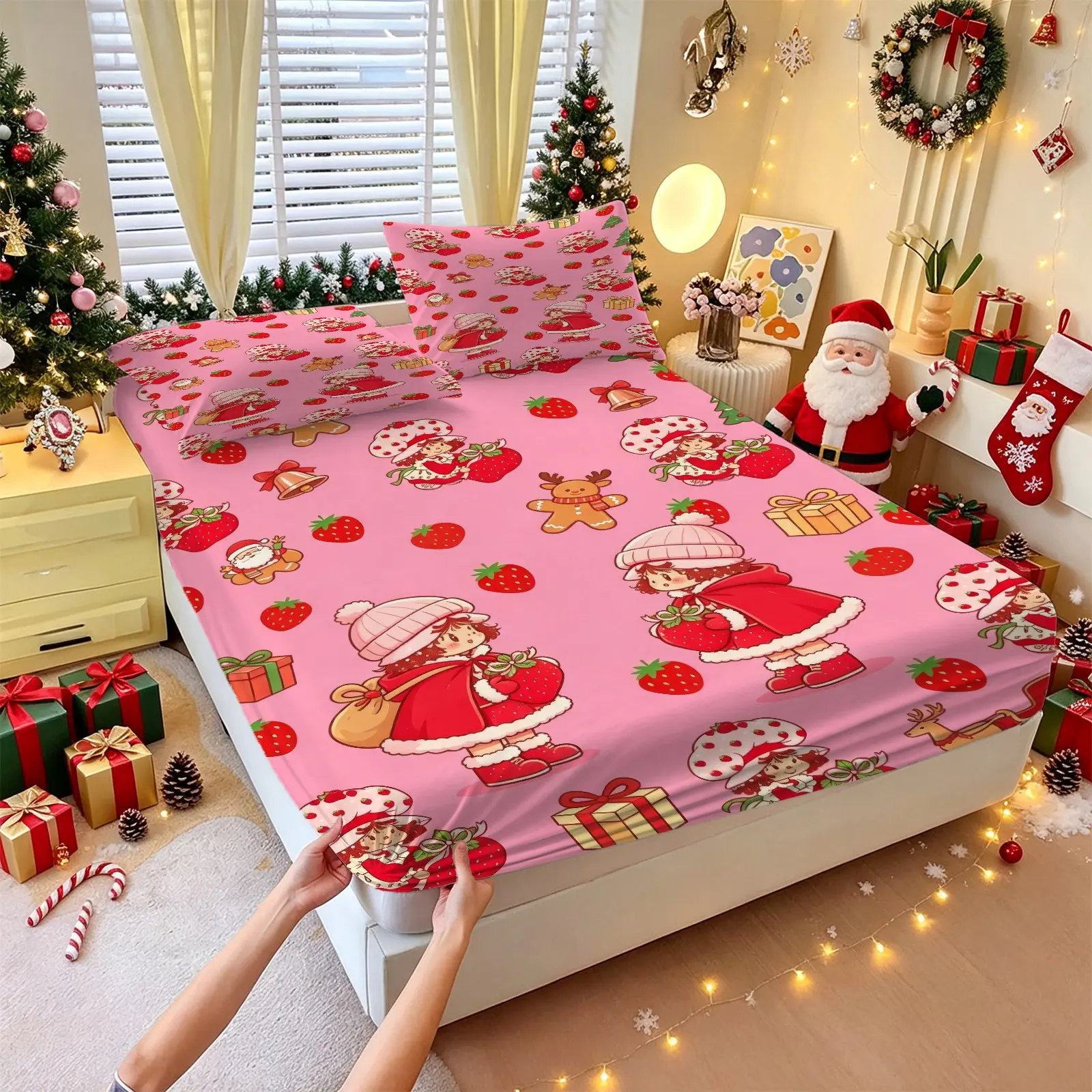 3pcs Christmas Strawberry Girl Printed Fitted Sheet Set, Cartoon Style Bed Set (1 Fitted Sheet+2 Pillowcases), Digital Printed Bed Sheet Set, Comfortable Microfiber Fabric, Deep Edge Design, Holiday Bedding, For Children'S Bedroom And Christmas Decor